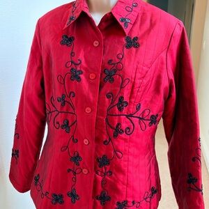 Anne Carson Vintage Red Silk Jacket with Black Floral Embroidery
